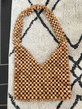 Beaded Wood Shoulder Bag in Natural Brown